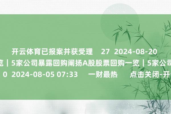 开云体育已报案并获受理    27  2024-08-20 18:06     A股股票回购一览｜5家公司暴露回购阐扬A股股票回购一览｜5家公司暴露回购阐扬    0  2024-08-05 07:33     一财最热      点击关闭-开云官网登录入口 开云kaiyunapp官网入口